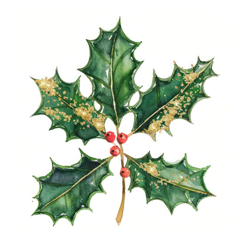 Ink painting of holly leaf emphasize with gold glitter in object accessories chandelier accessory.