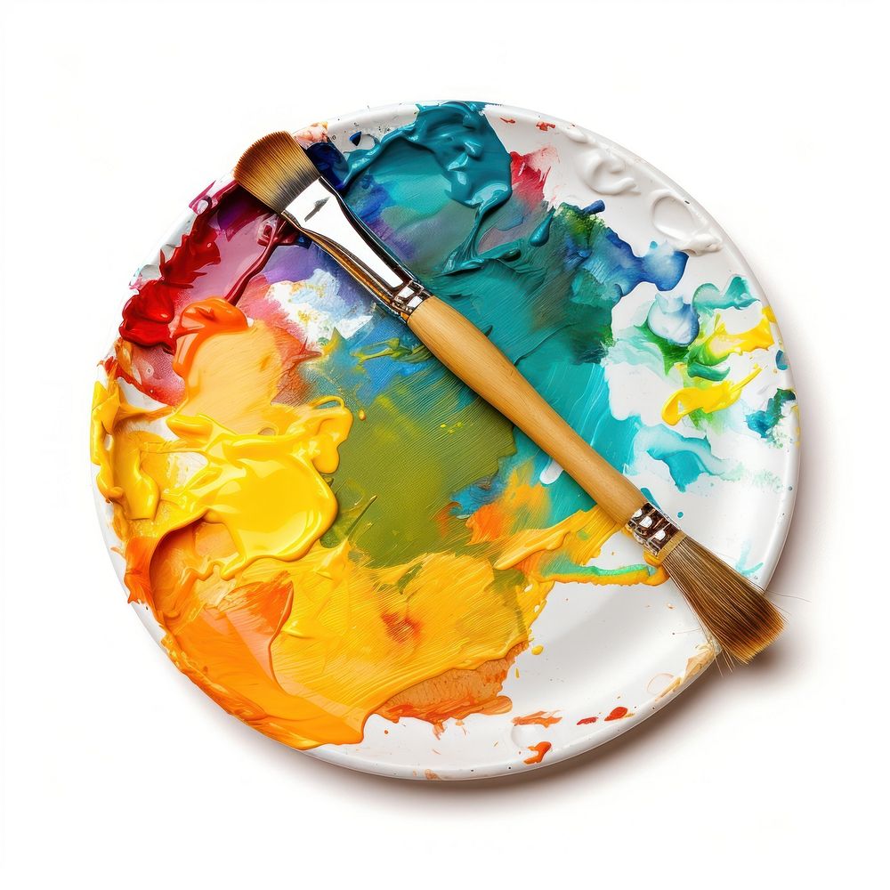 Colour painting plate with a brush isolated palette white background paintbrush.