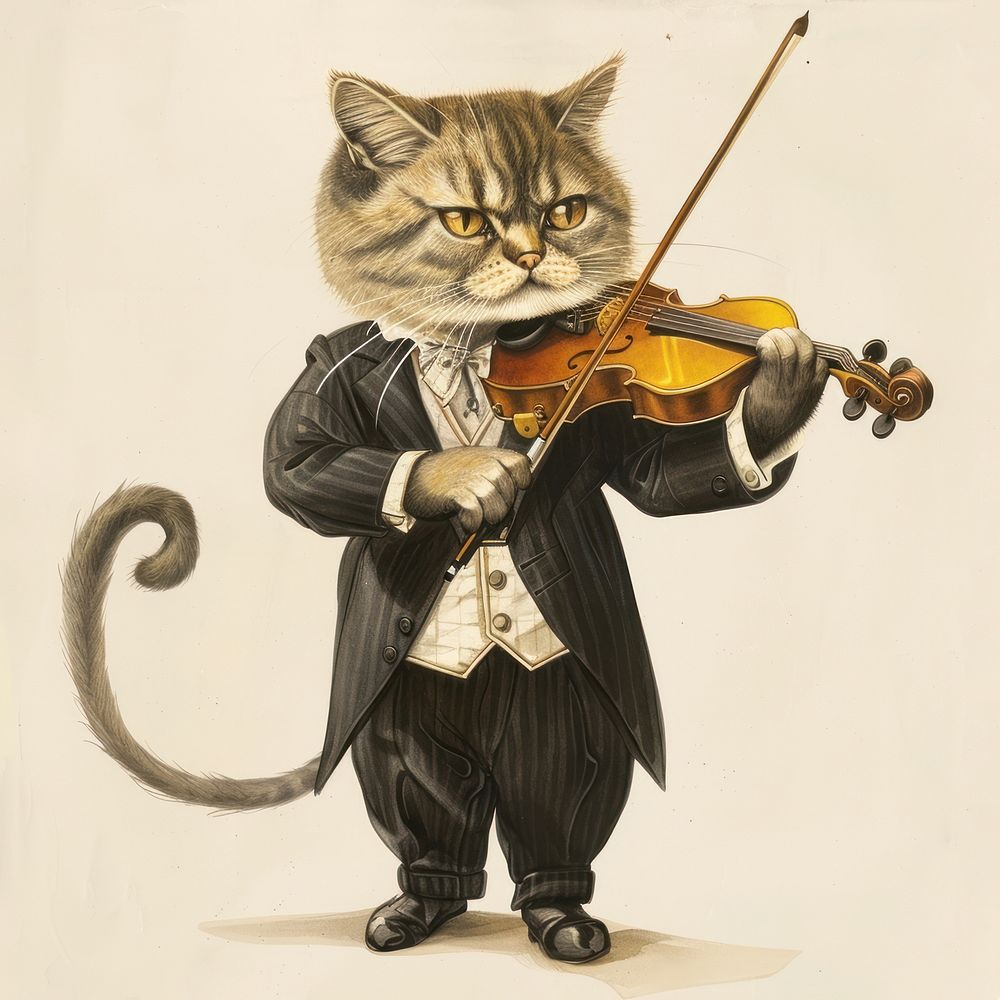 Vintage illustration of cat violin animal mammal.