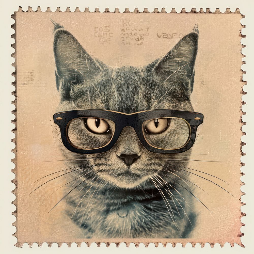 Vintage postage stamp cat glasses animal mammal.