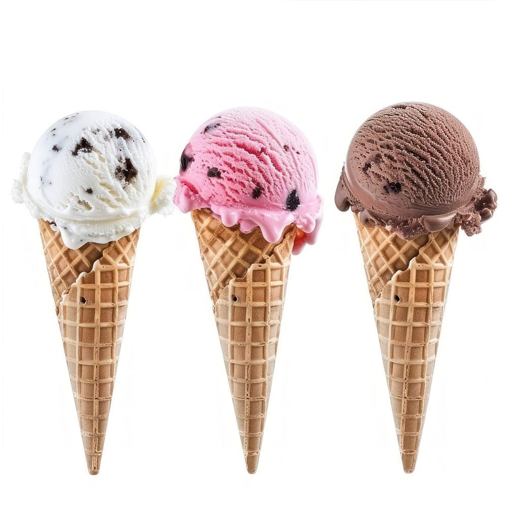 3 different scoops of ice cream cone dessert food white background.