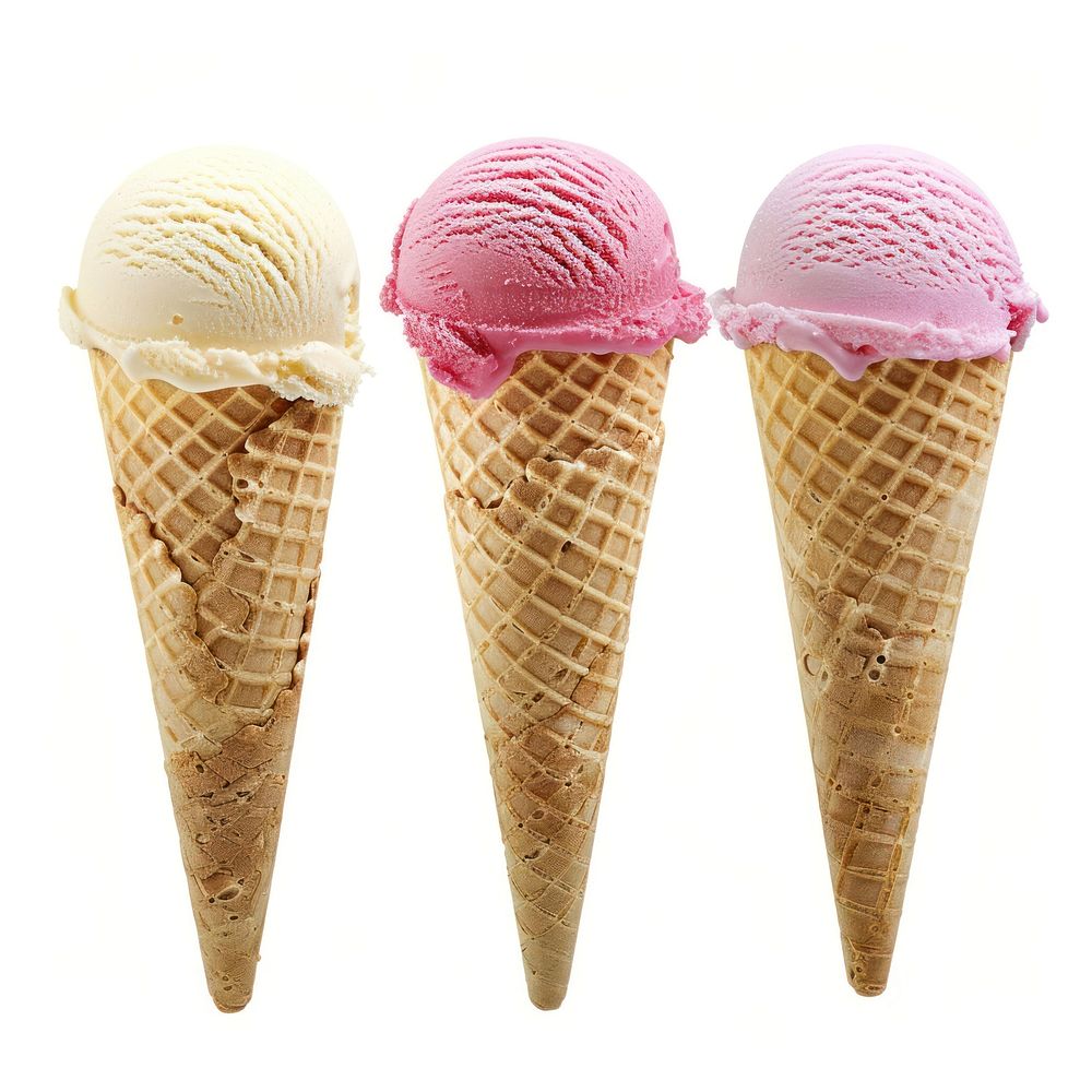 3 different scoops of ice cream cone dessert food white background.