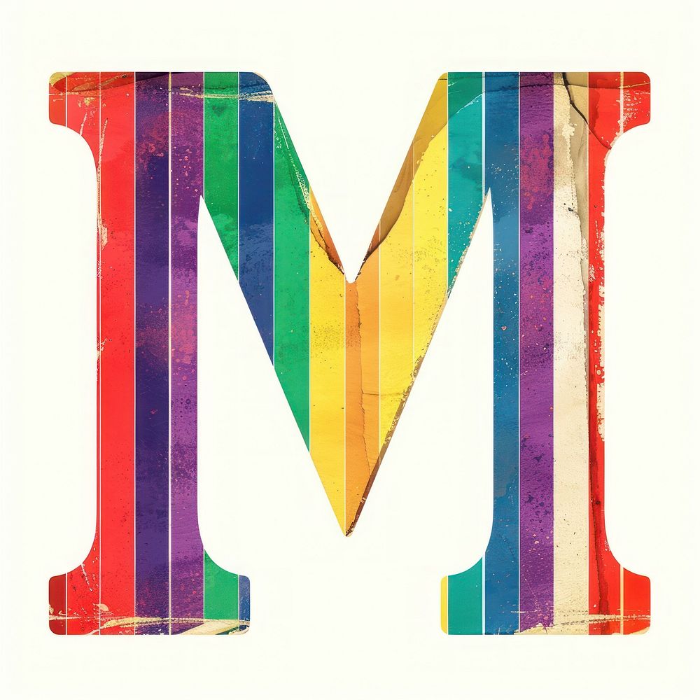 Rainbow with alphabet M paper graphics collage.
