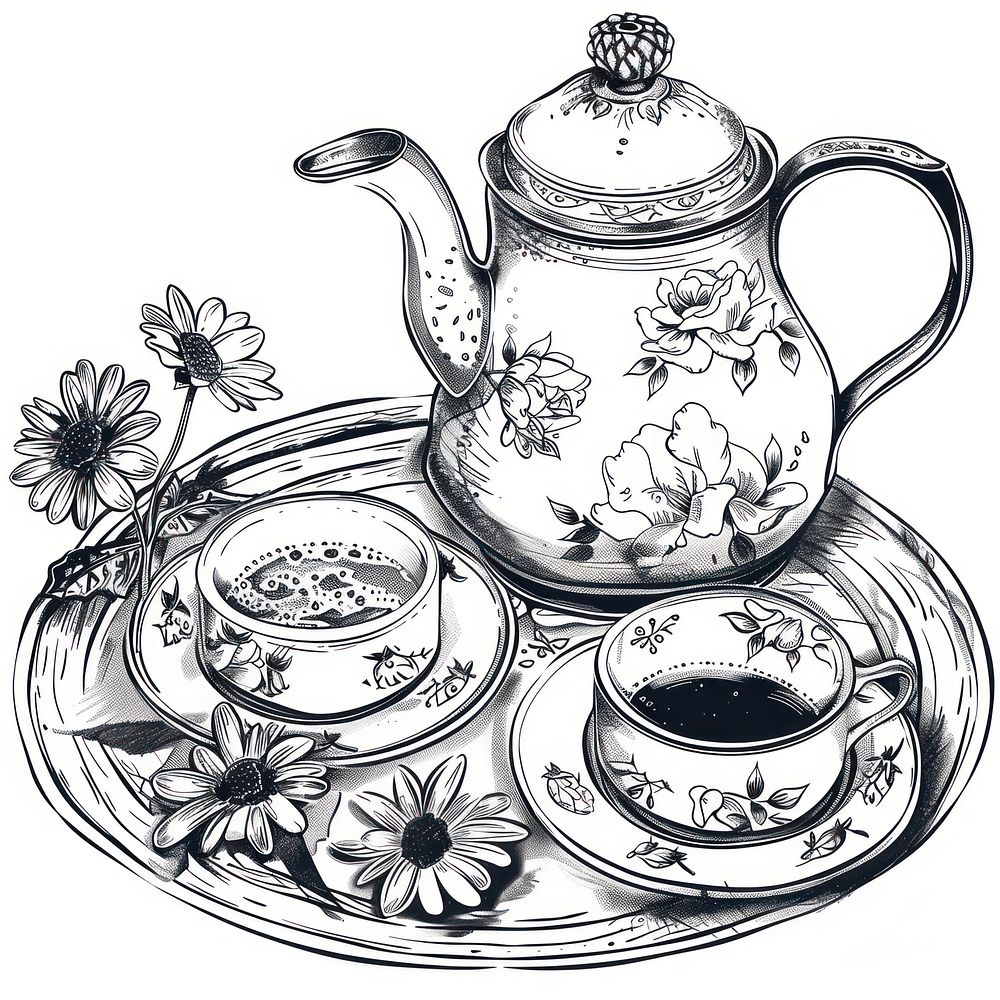 Afternoon tea set drawing teapot sketch.