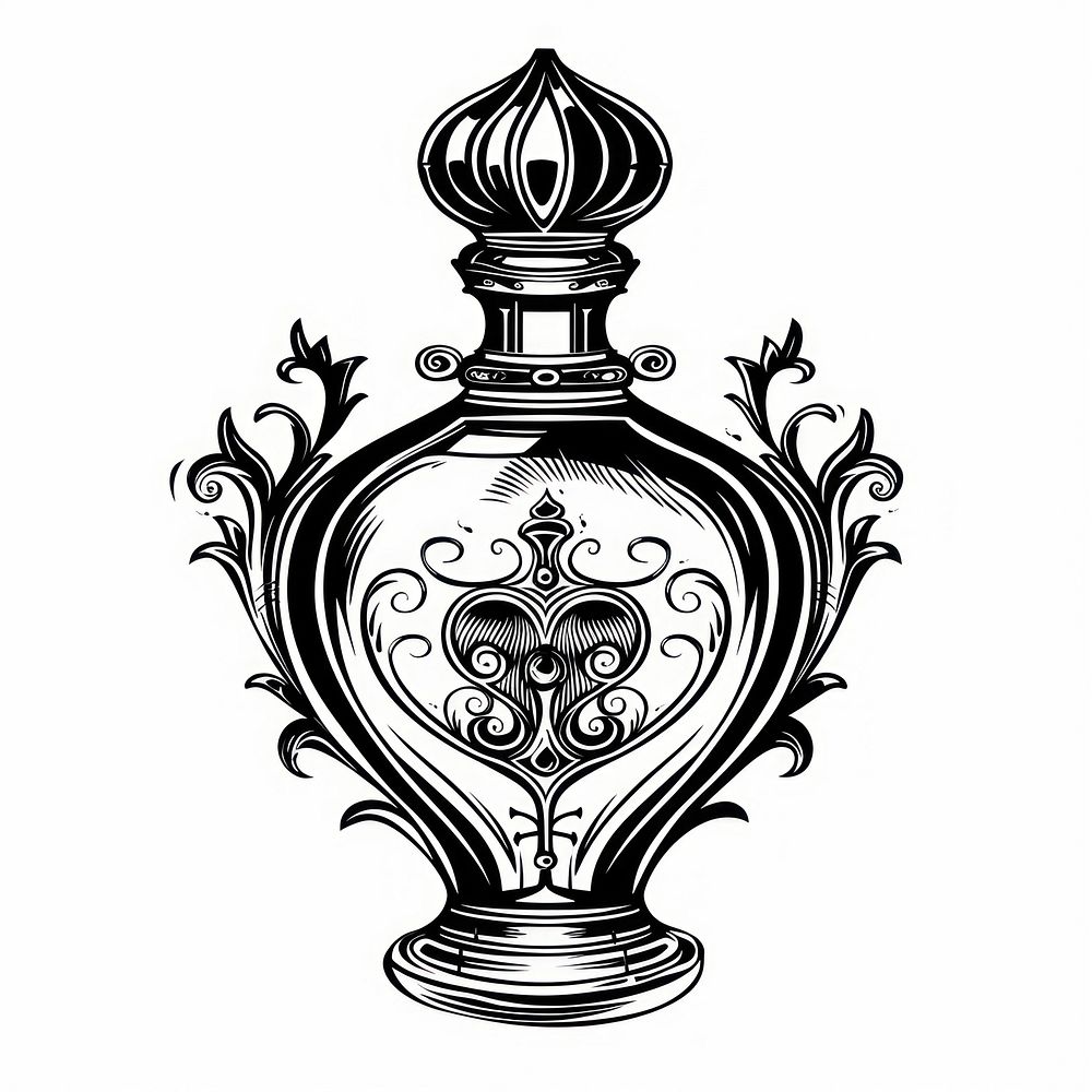 Luxury perfume bottle drawing black white background.