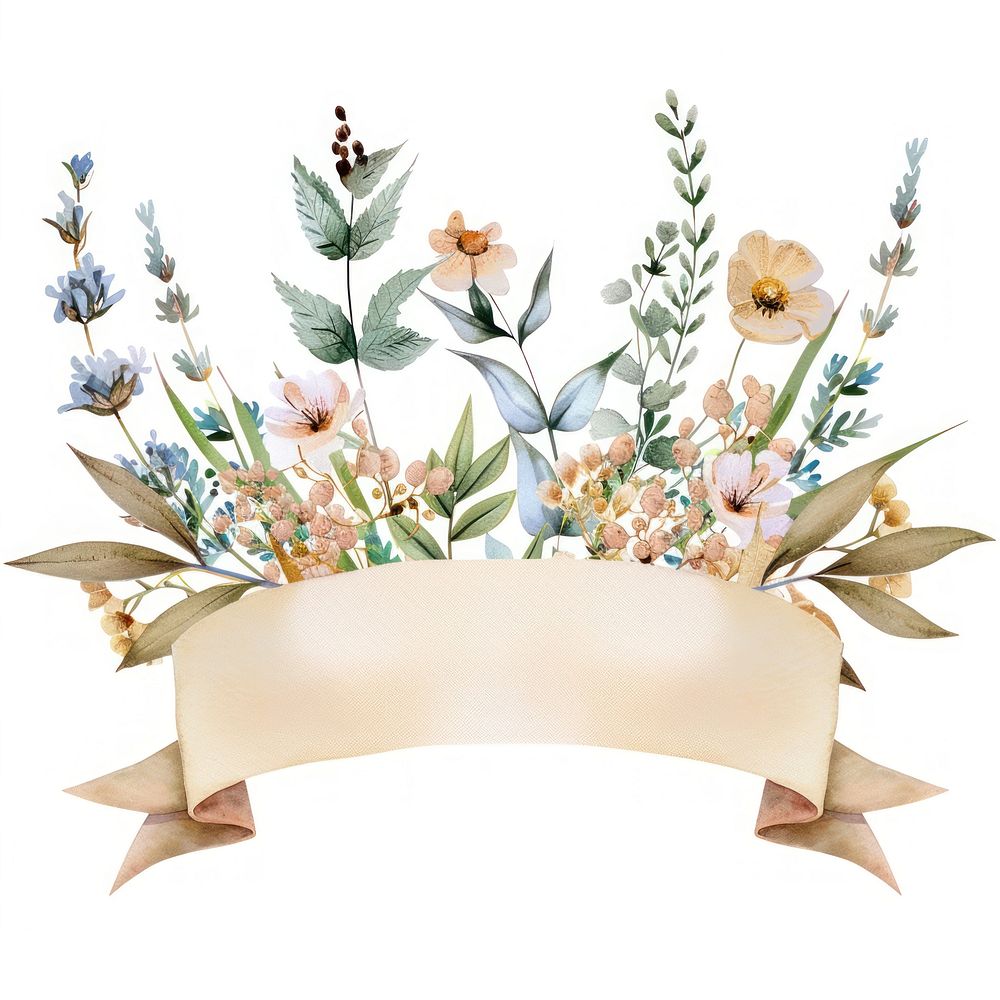 Ribbon with dried flower border wreath plant white background.