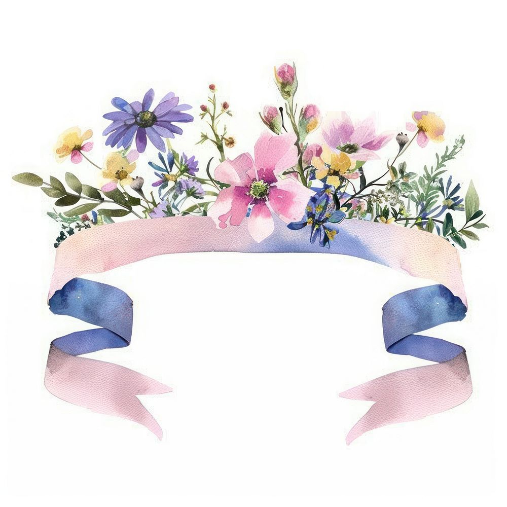 Ribbon with wildflower border wreath plant white background.