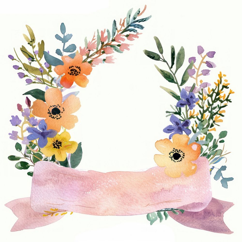 Ribbon with wildflower border painting pattern wreath.