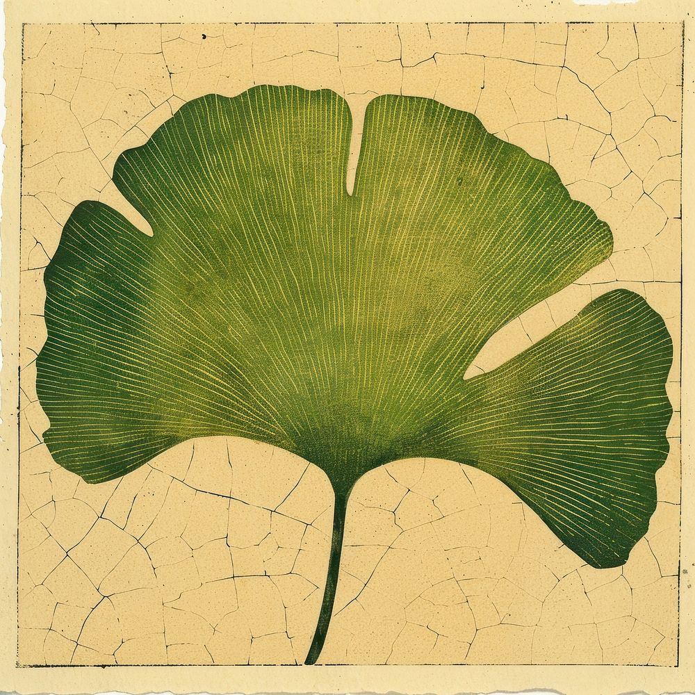 Japanese wood block print illustration of ginkgo leaf plant textured pattern.