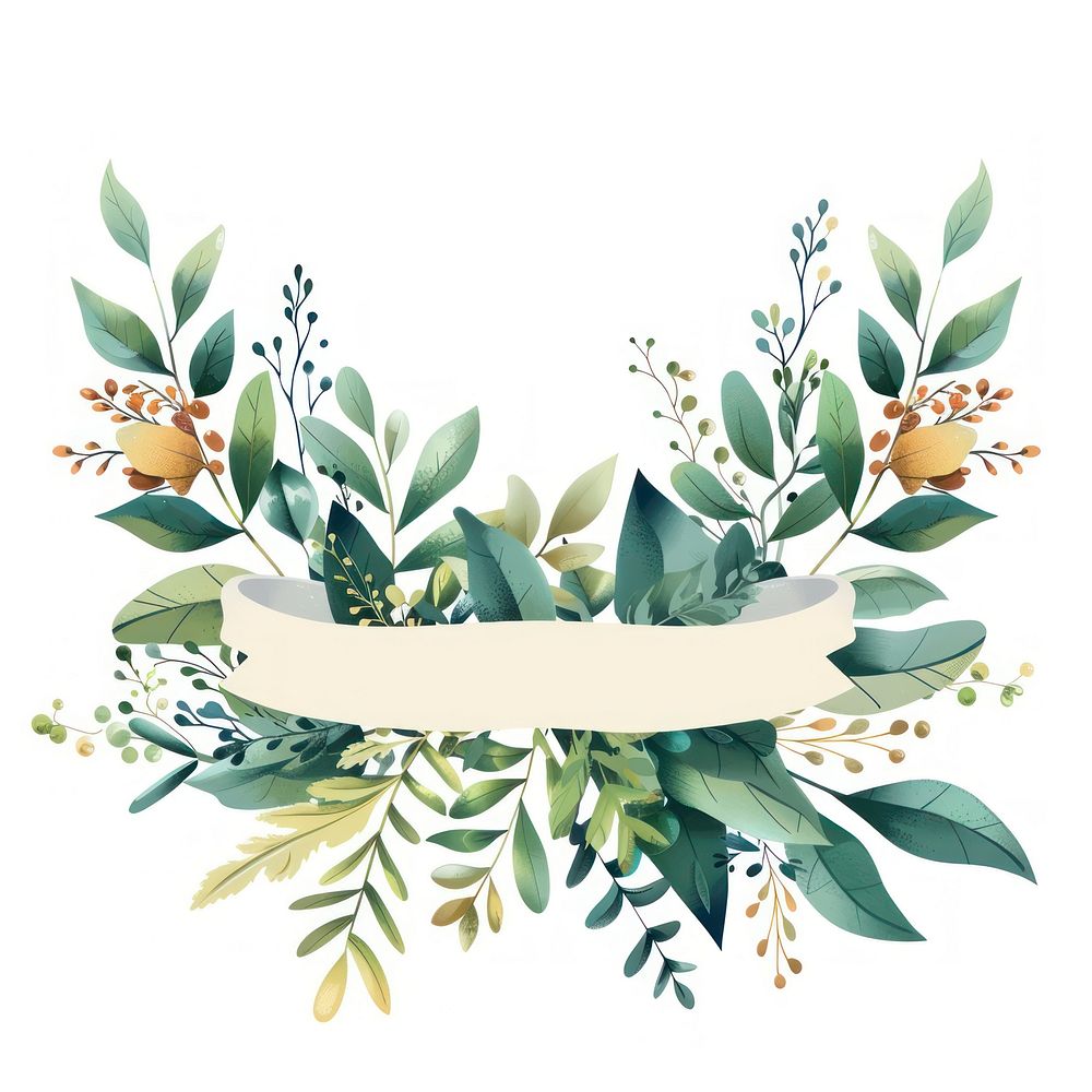 Ribbon with bouquet leafs pattern plant white background.