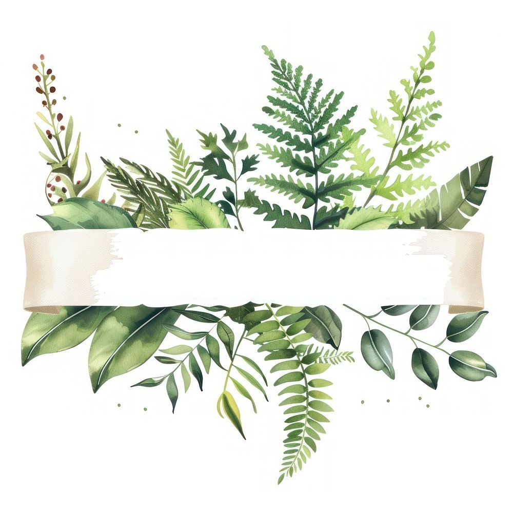 Ribbon with fern leafs plant herbs white background.