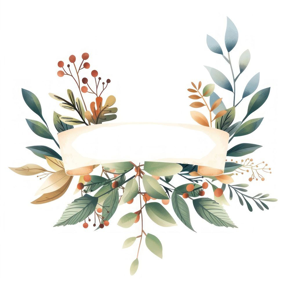 Ribbon with winter leafs pattern plant white background.