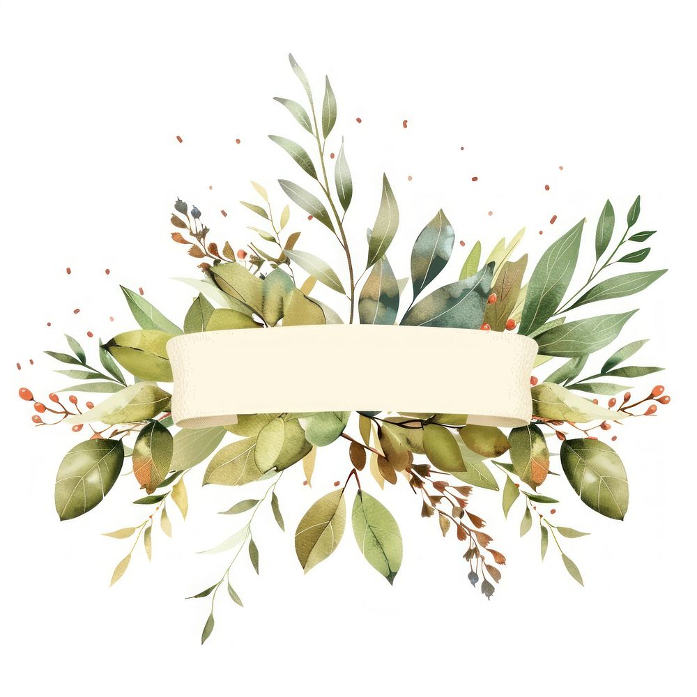 Ribbon with winter leafs plant white background graphics.