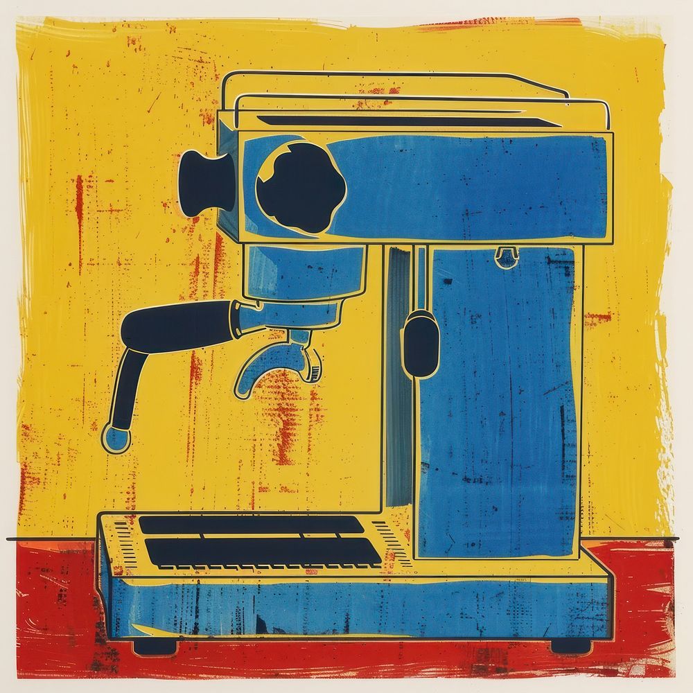 Silkscreen of a coffee machine art painting yellow.