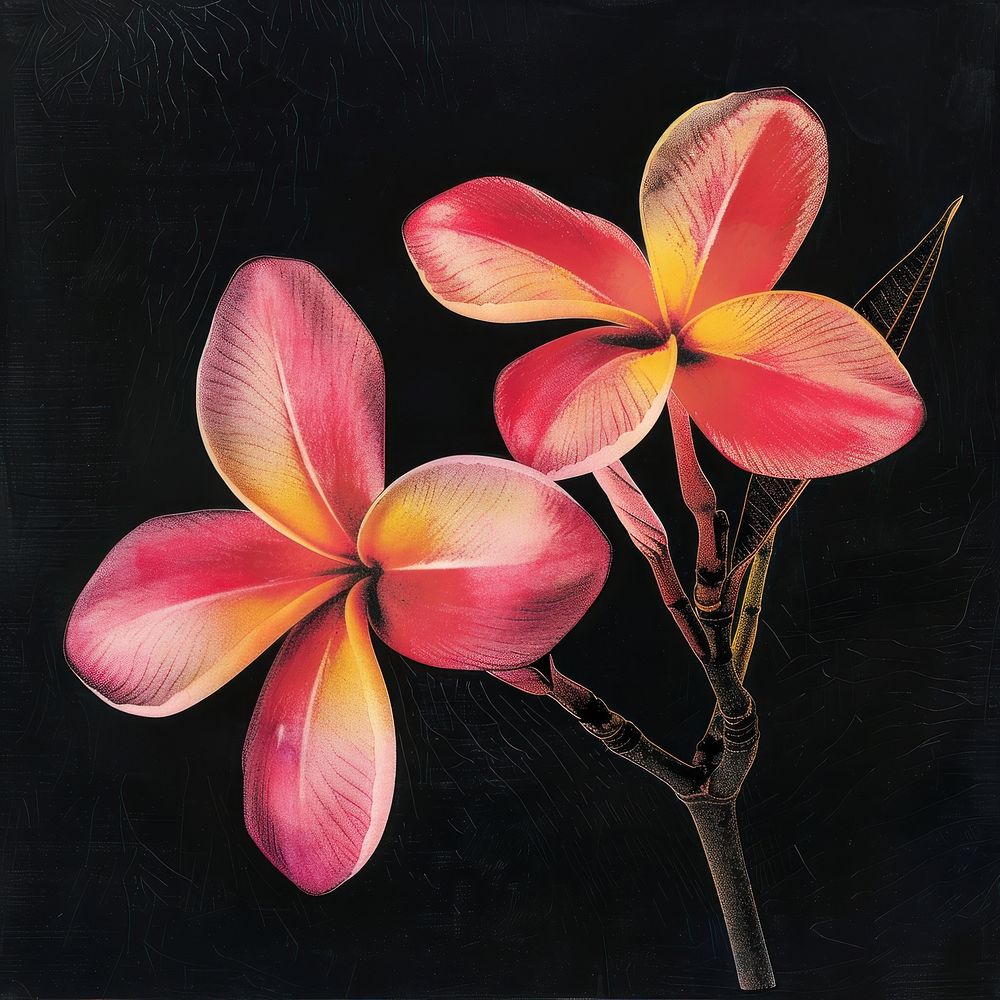 Silkscreen of a plumerias painting flower nature.