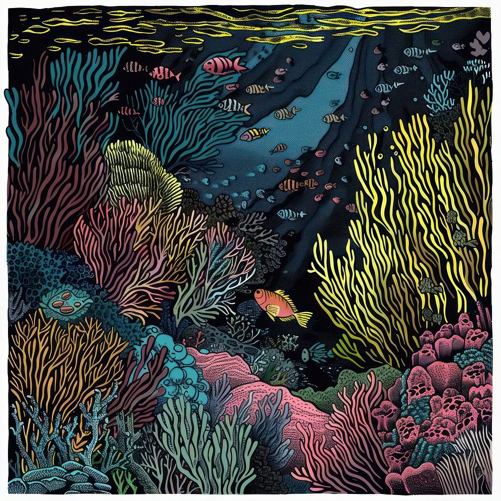 Silkscreen of a snorkeling nature art outdoors.