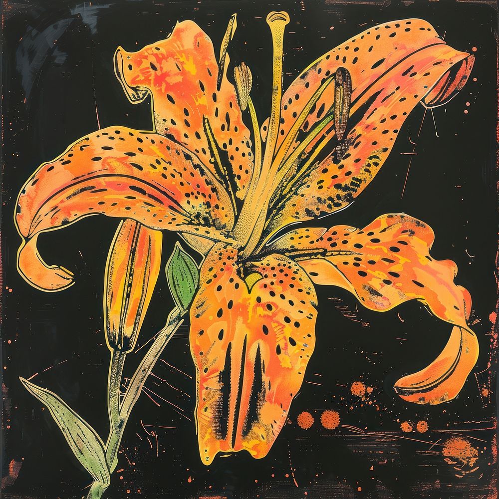 Silkscreen of a tiger lily flower art painting nature.