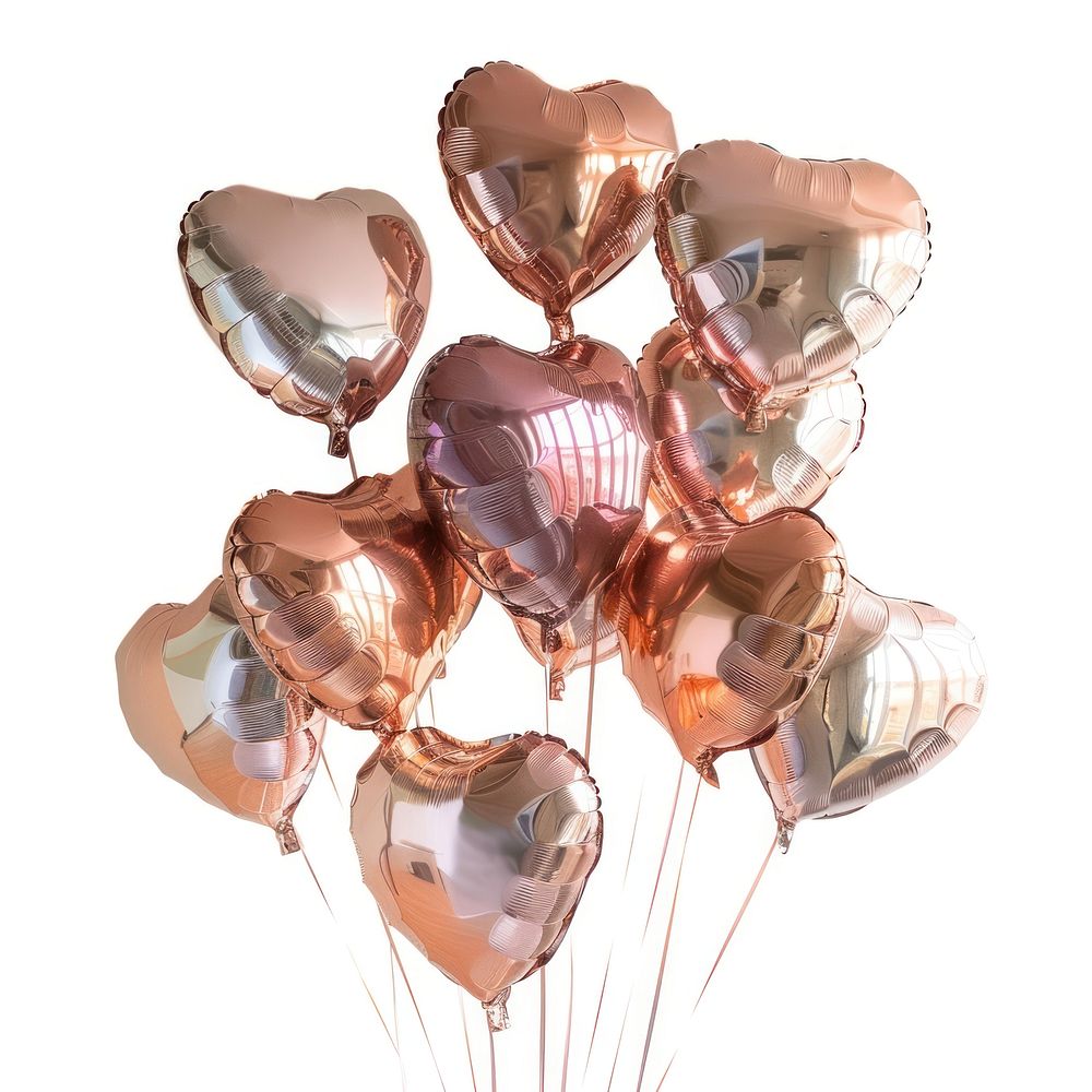 Copper heart balloons white background celebration decoration.