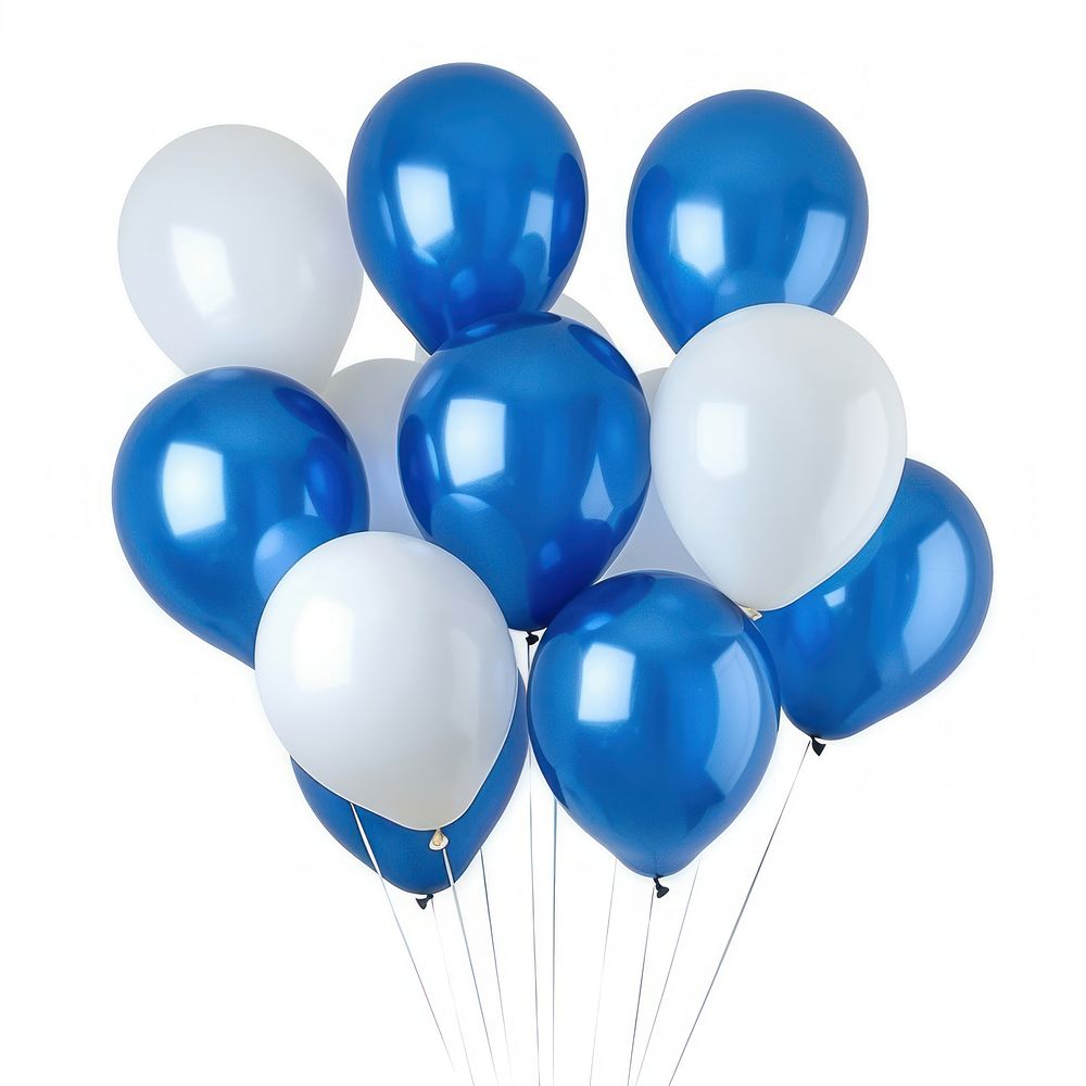 Blue and white party balloons white background anniversary celebration.