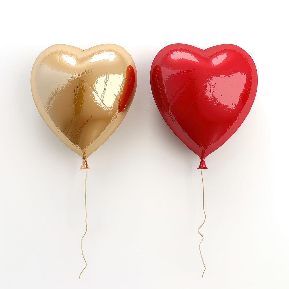 Golden and red heart balloons white background celebration decoration.