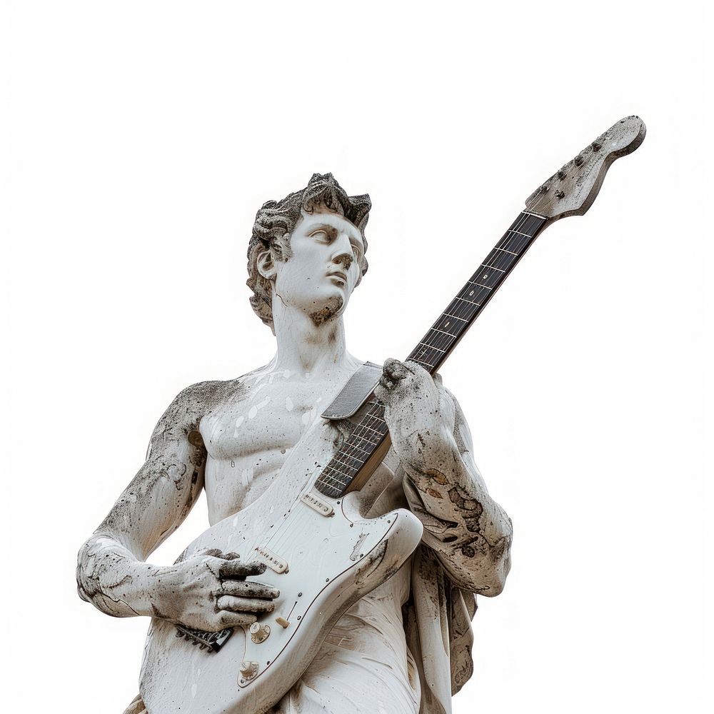 Greek statue holding rock and roll guitar white background representation.