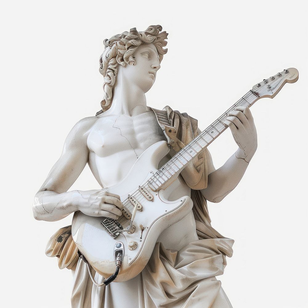 Greek statue holding rock and roll guitar art white background.