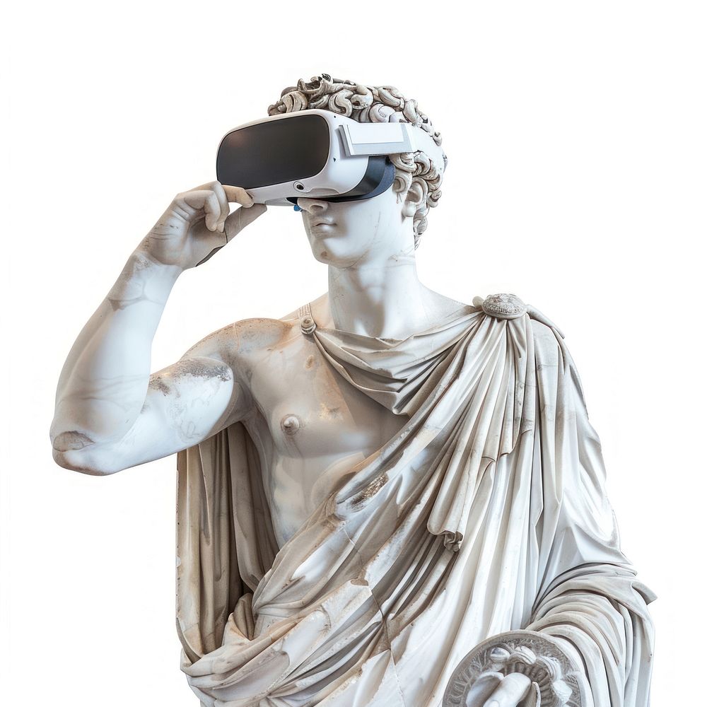 Greek statue holding wearing VR sculpture art white background.