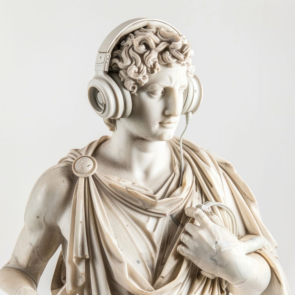 Greek statue holding wearing headphone headphones sculpture art.