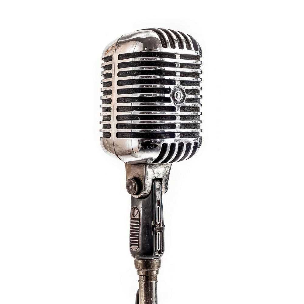Silver microphone white background performance technology.