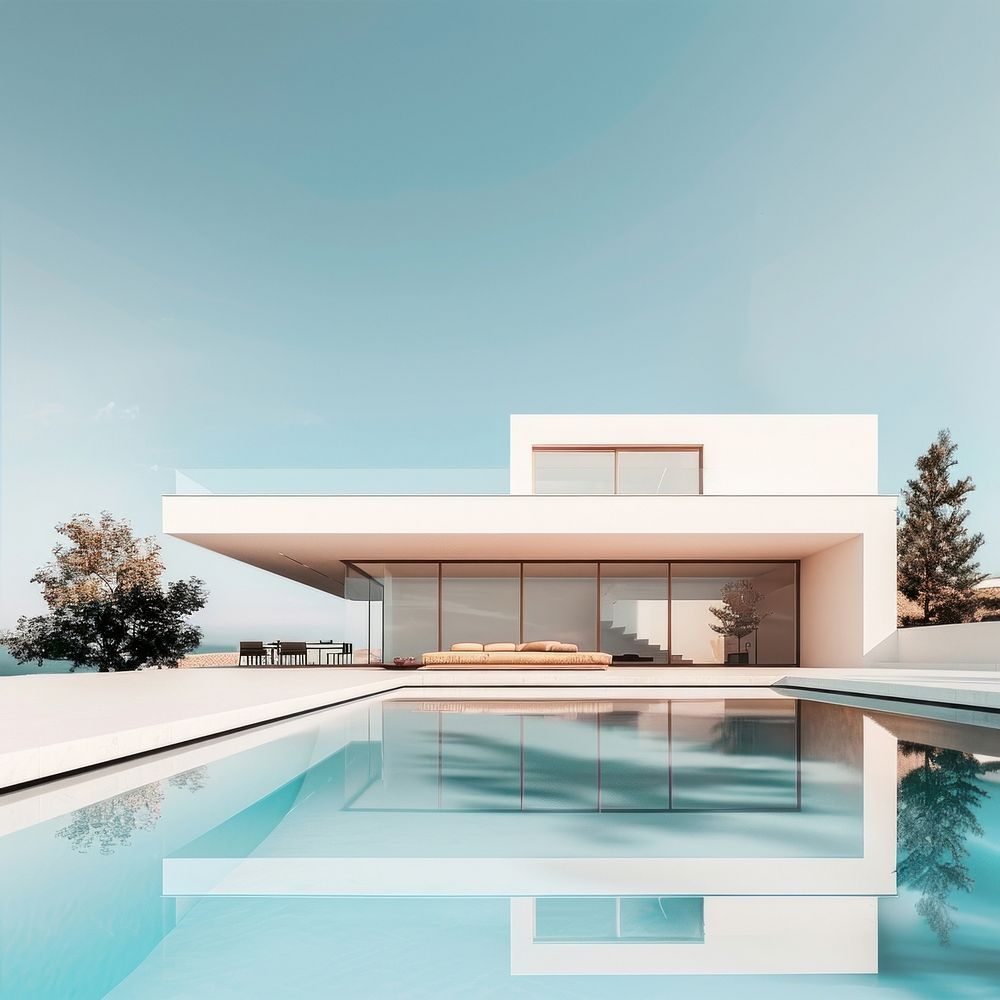 Modern white house with pool and pine trees architecture building housing.