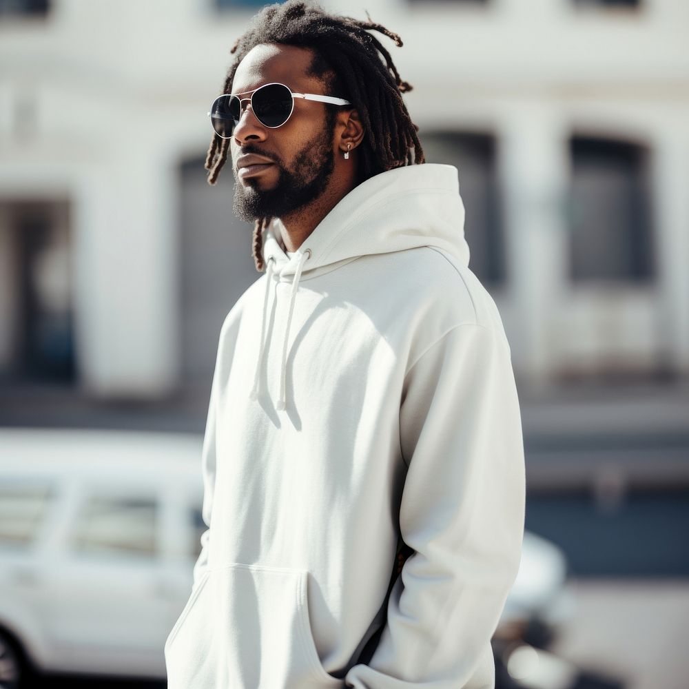 Black male in white hoodie and sunglasses photo accessories photography.