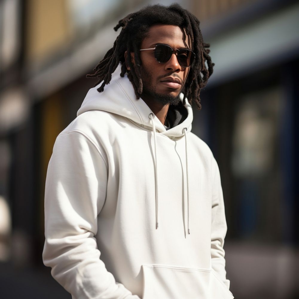 Black male in white hoodie and sunglasses accessories sweatshirt accessory.
