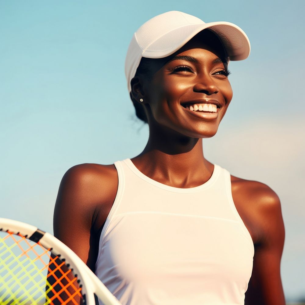 Black woman in tennis white Sportswoman sports happy clothing.