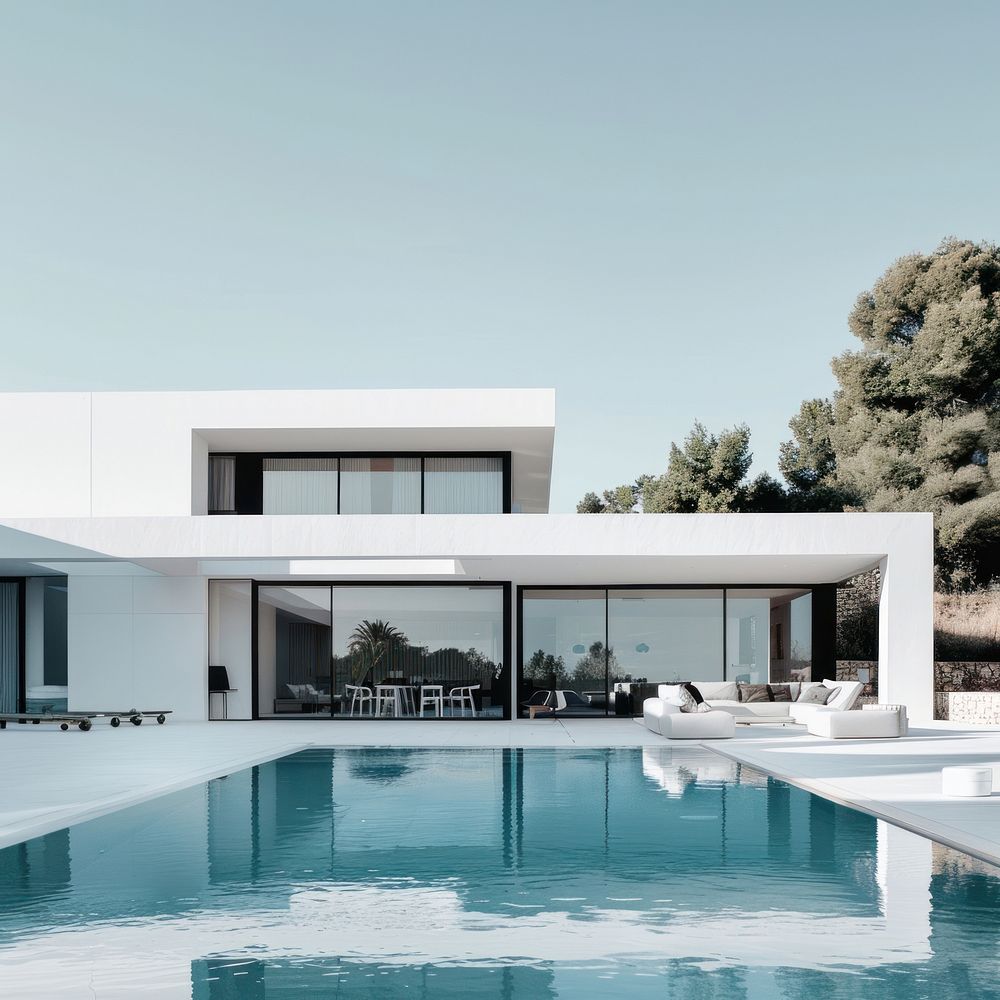 Modern white house with pool and pine trees architecture furniture building.