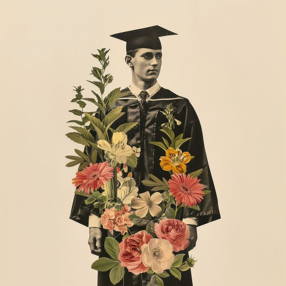 Paper collage of man in graduation costume flower photo photography.