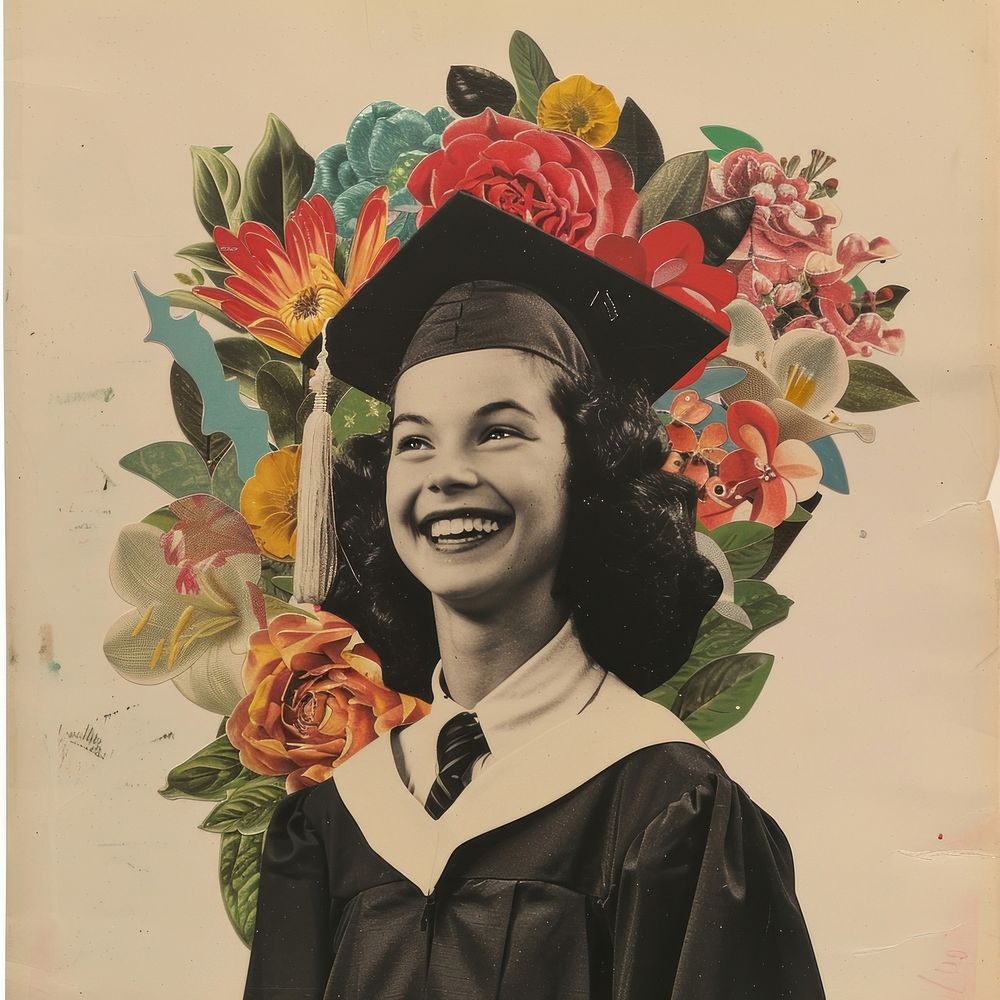 Paper collage of woman smiling in graduation costume flower photo photography.