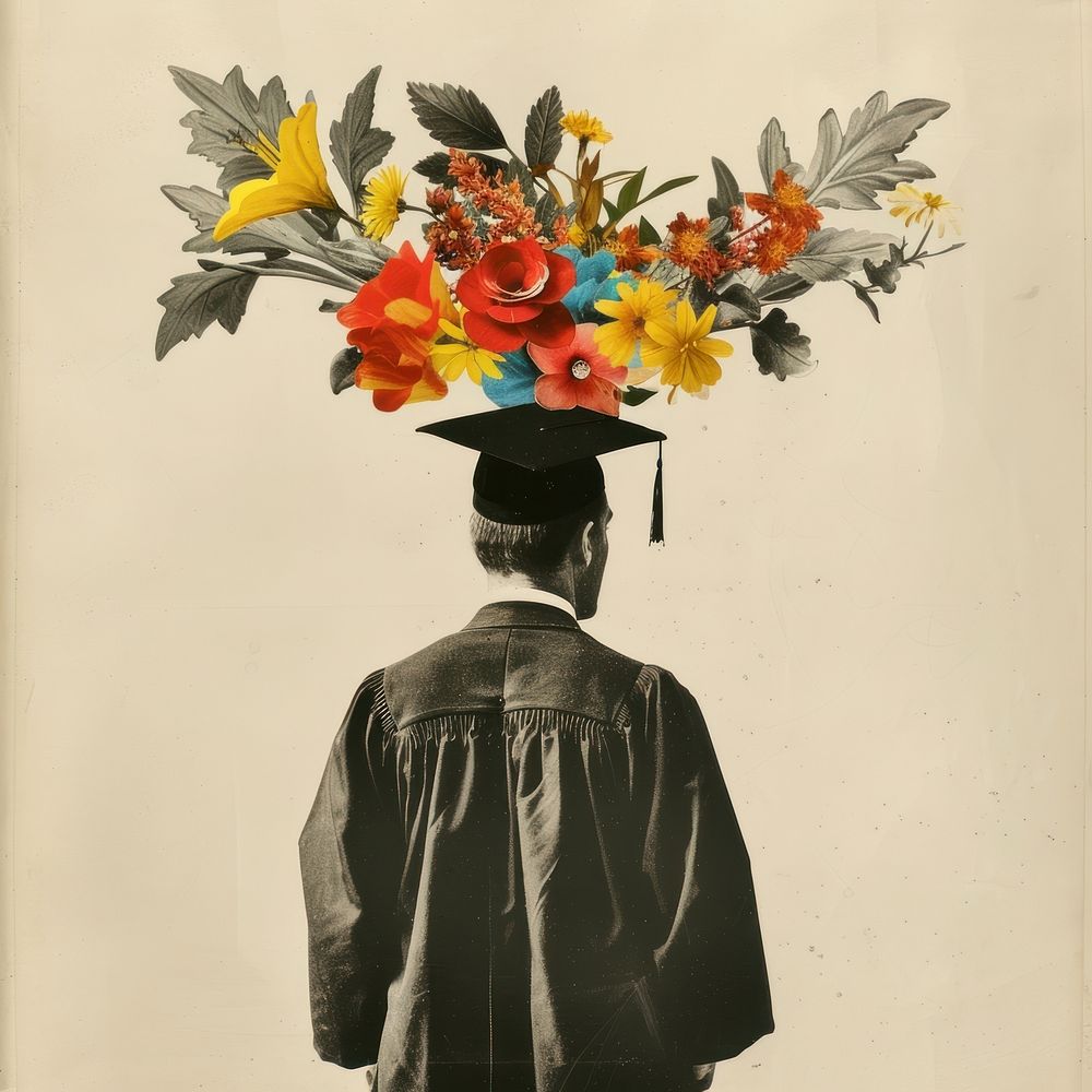 Paper collage of man in graduation costume flower photo photography.