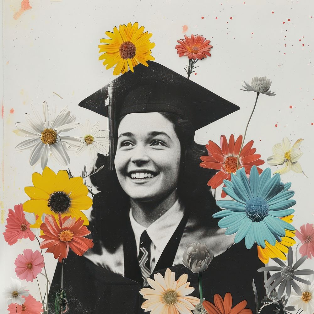 Paper collage of woman smiling in graduation costume flower photo photography.