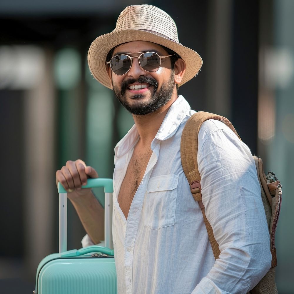 Indian man going on holiday trip hat accessories sunglasses.