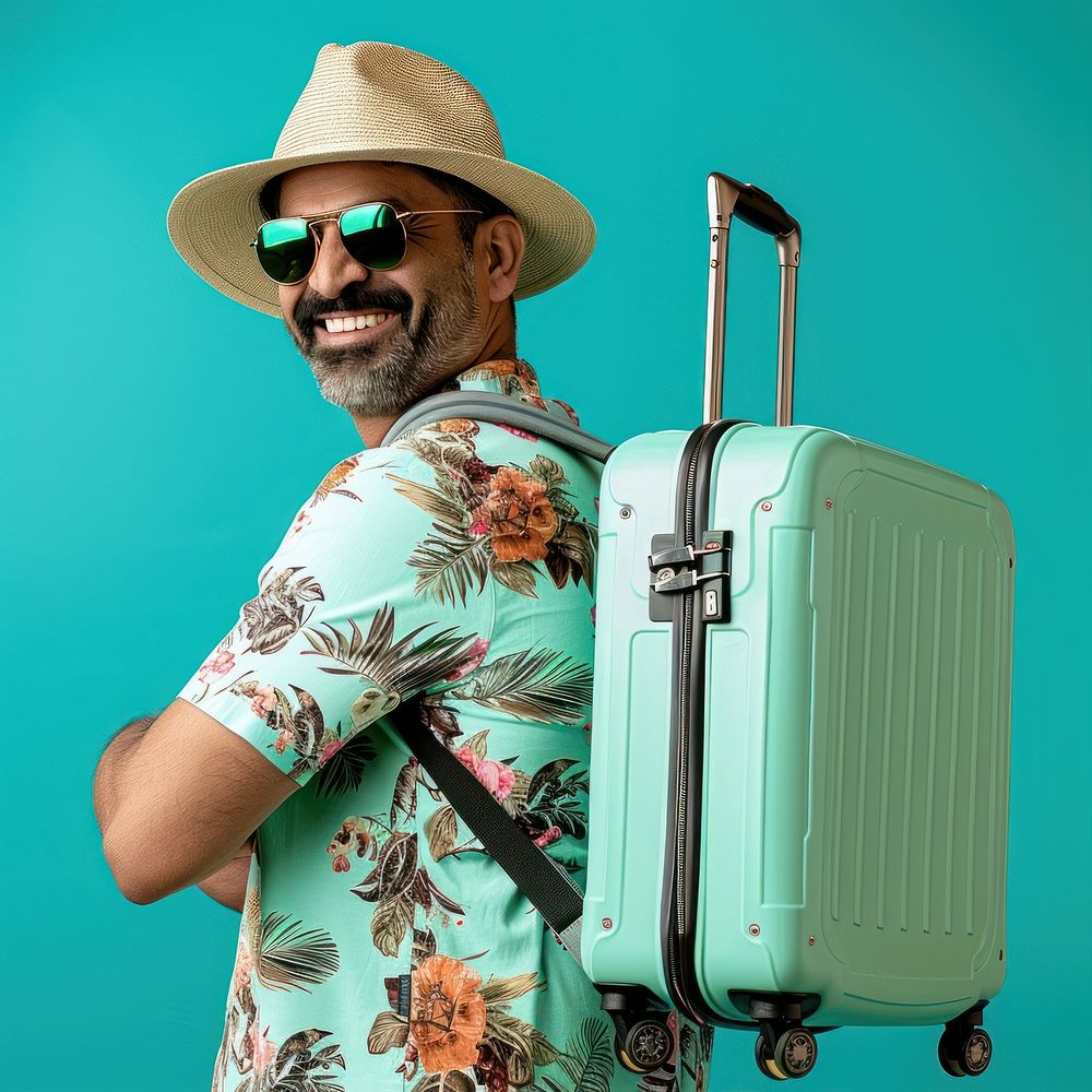 Indian man going on holiday trip suitcase hat clothing.