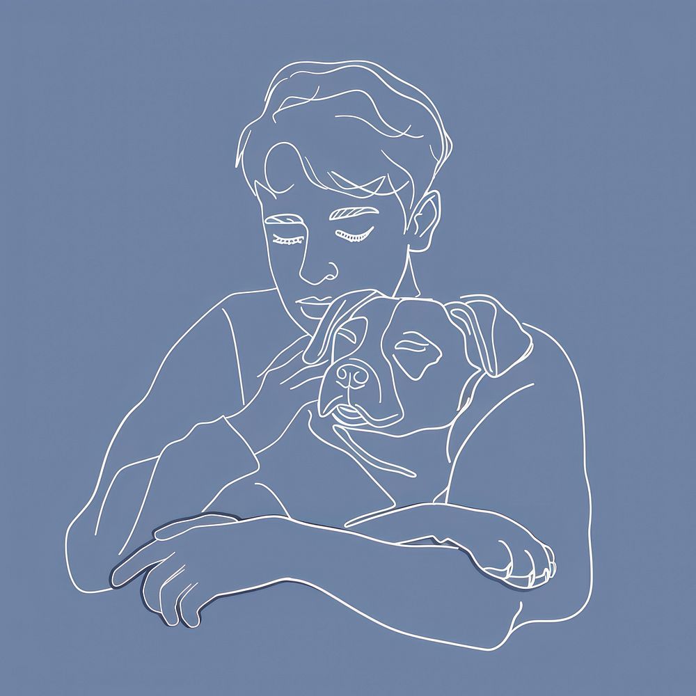 Boy cuddling a dog illustrated drawing sketch.