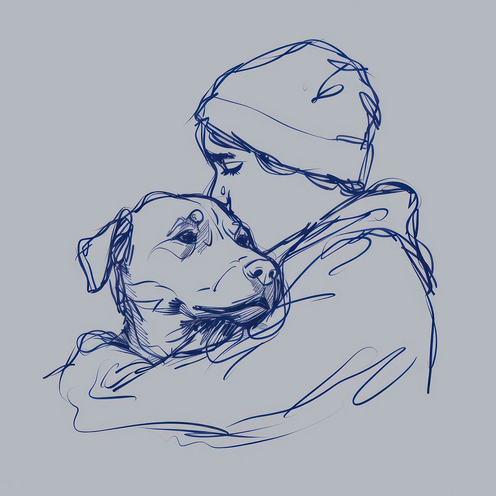 Boy cuddling a dog illustrated drawing sketch.