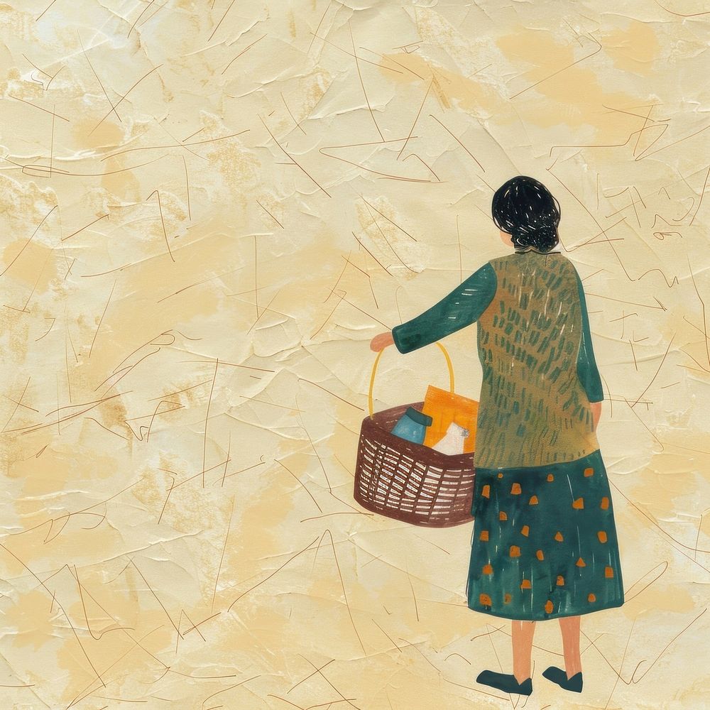 Woman holding laundry basket recreation clothing painting.