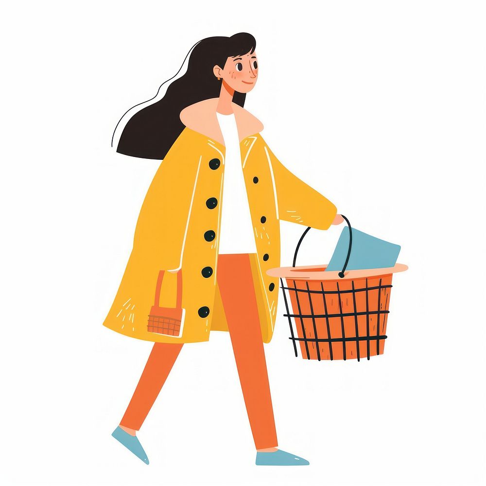 Woman holding laundry basket clothing raincoat apparel.