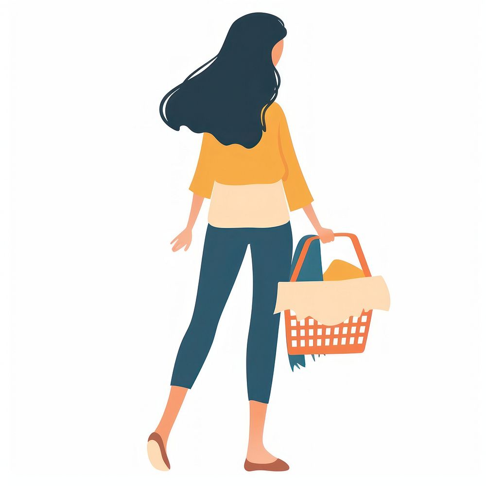 Woman holding laundry basket shopping clothing cleaning.