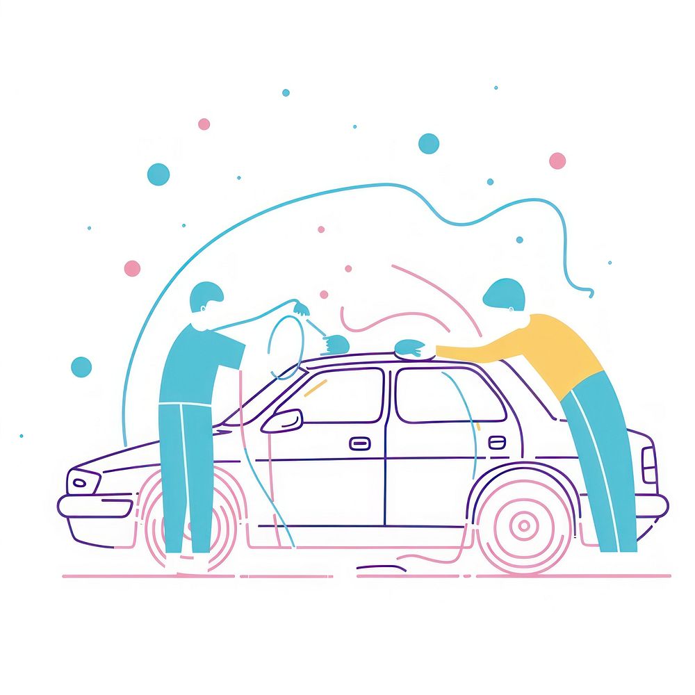 People washing car transportation illustrated automobile.