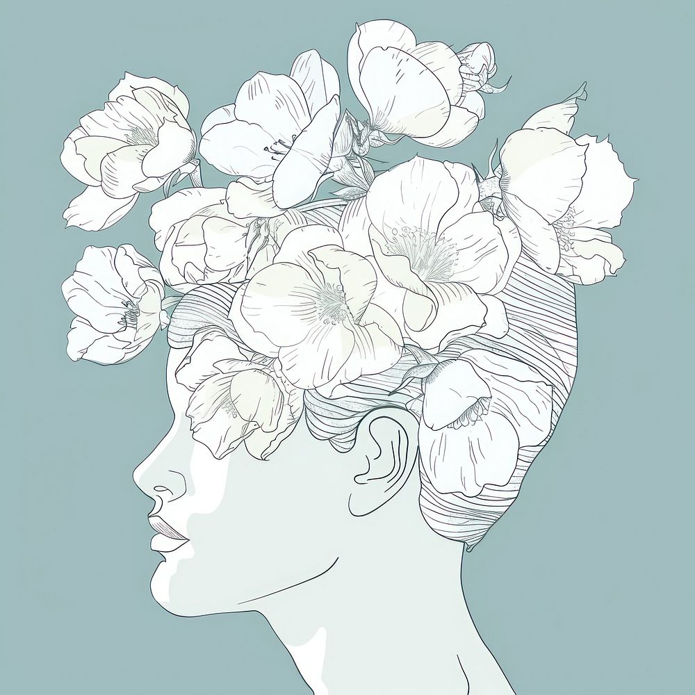 White flowers on head of sculpture illustrated drawing blossom.