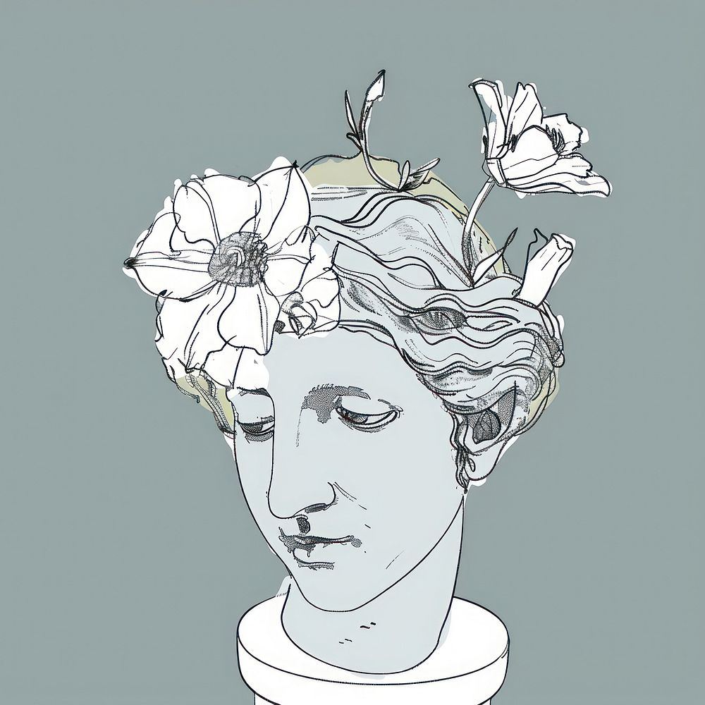 White flowers on head of sculpture illustrated drawing sketch.