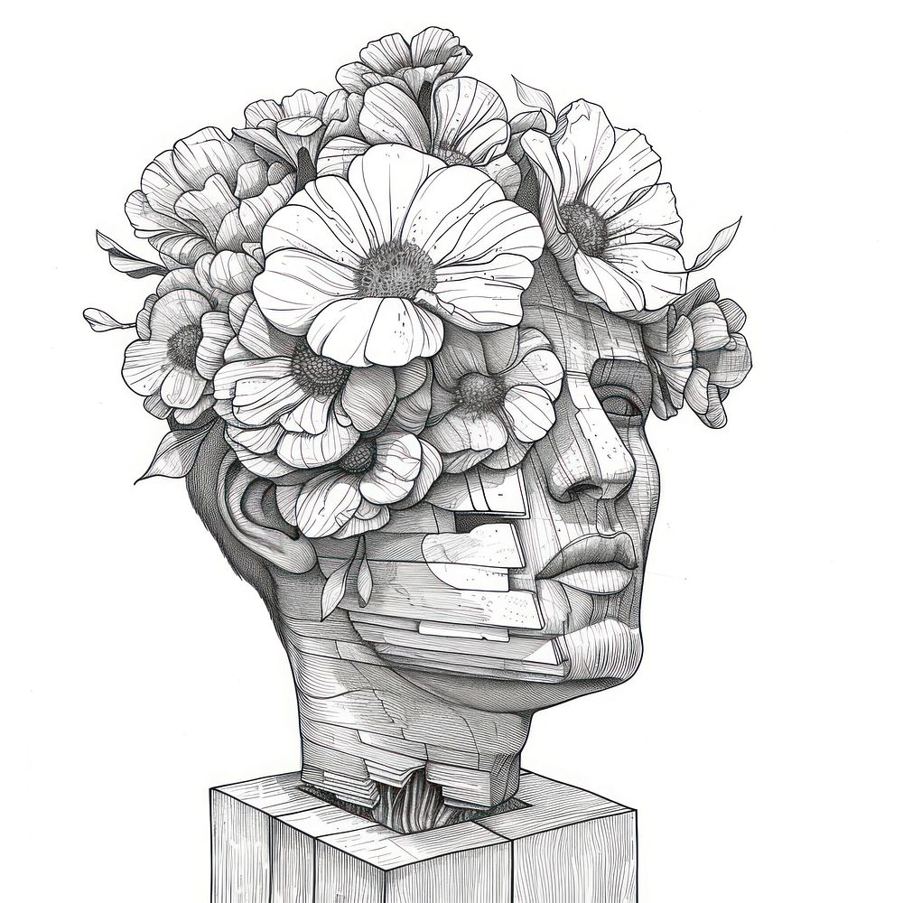 White flowers on head of sculpture doodle illustrated drawing.