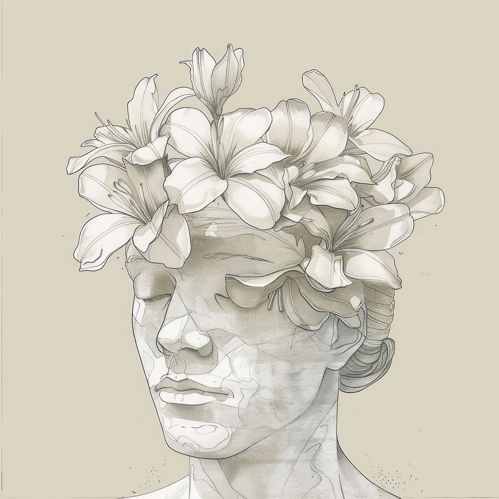 White flowers on head of sculpture illustrated drawing sketch.